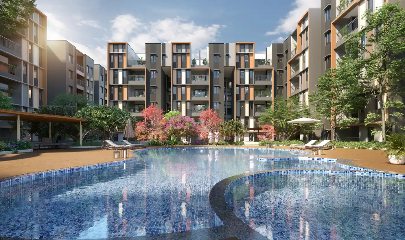 Verde Vista apartment facade viewed from the swimming pool